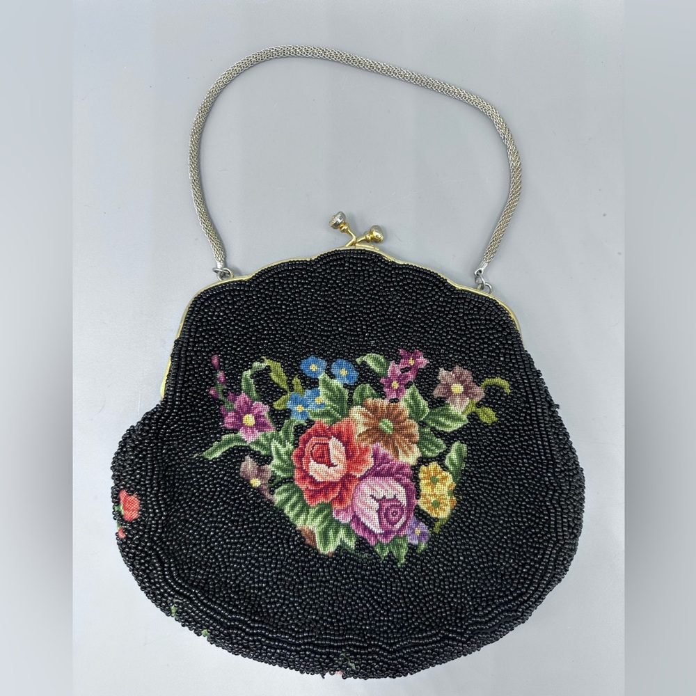 VINTAGE Floral Petit point Black Seed Bead Evening Bag Snap Purse Beaded